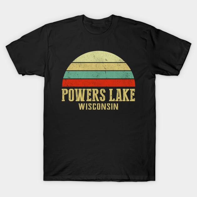 Powers Lake Wisconsin Vintage Retro Sunset T-Shirt by Curry G